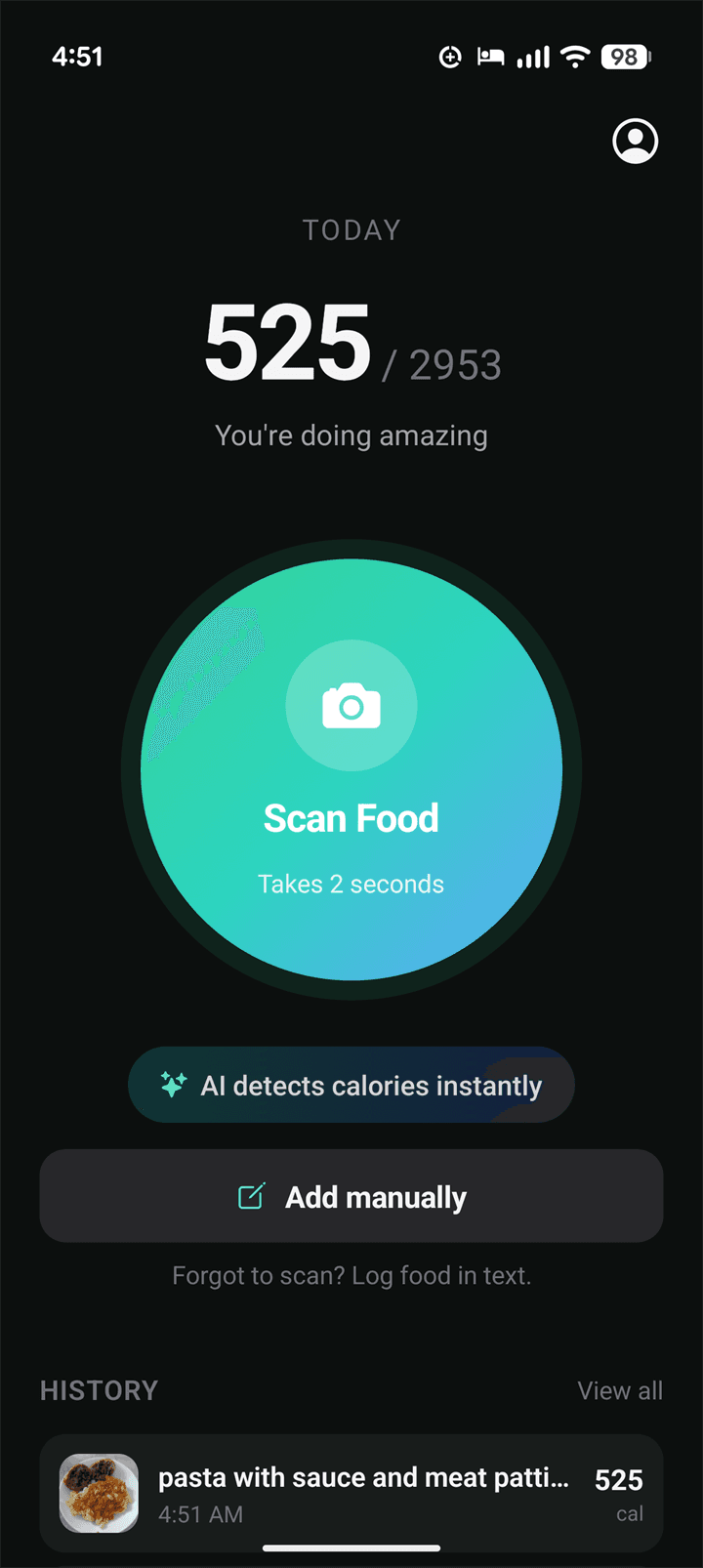 Cal AI home screen showing daily calories and scan action