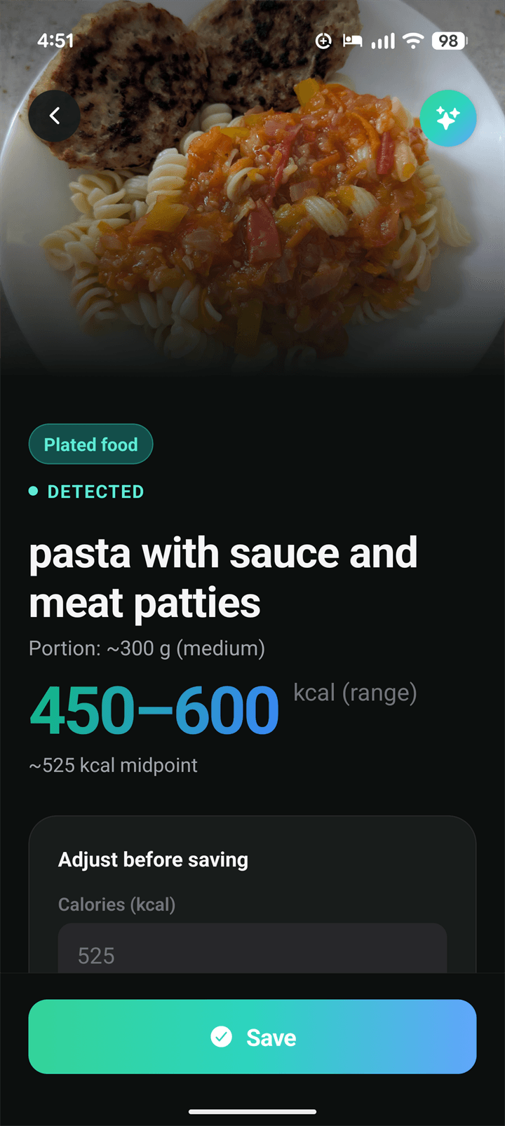 Camera view with detected plate and calorie estimate overlay