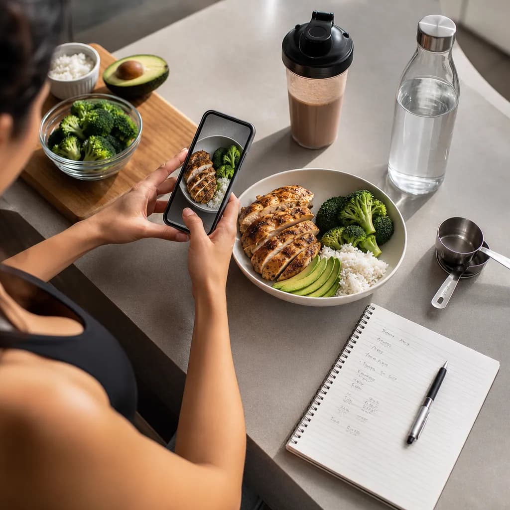 Una persona comparando un rastreador de calorías con IA en un teléfono con notas de conteo manual junto a una comida saludable