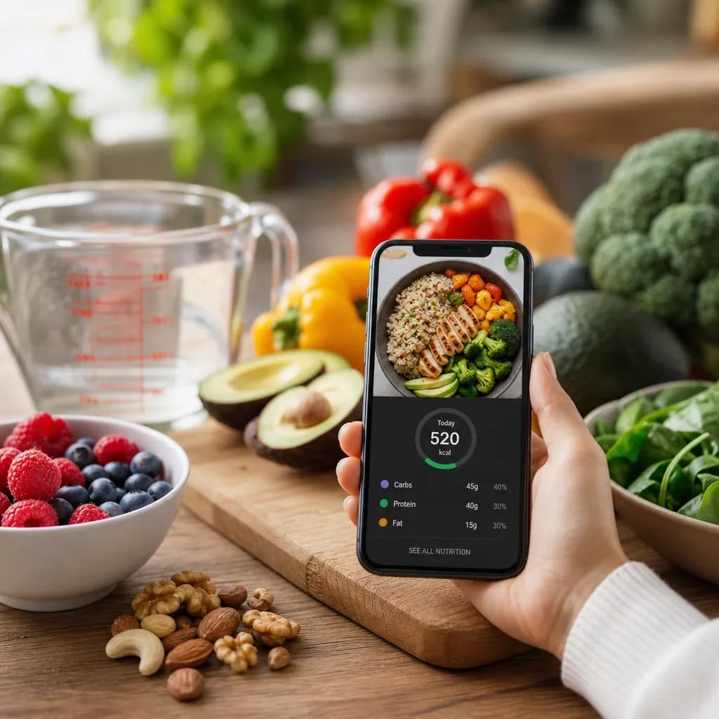 App de seguimiento de calorías con IA y opciones de alimentos saludables