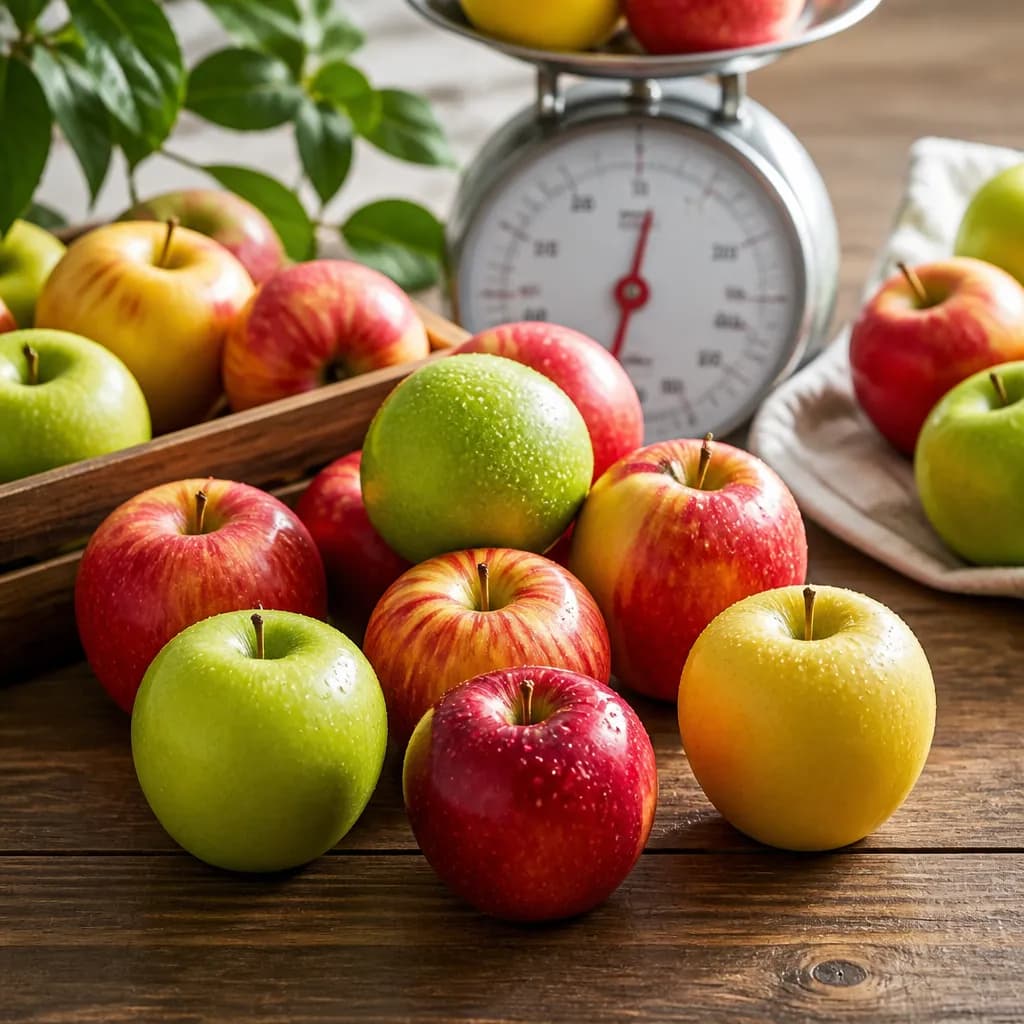 Fresh apples on a wooden table, indicating their calorie content.