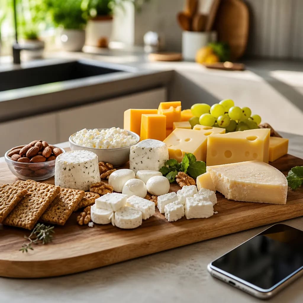 Variedades de queso dispuestas en porciones con combinaciones saludables para picar y una app de seguimiento nutricional