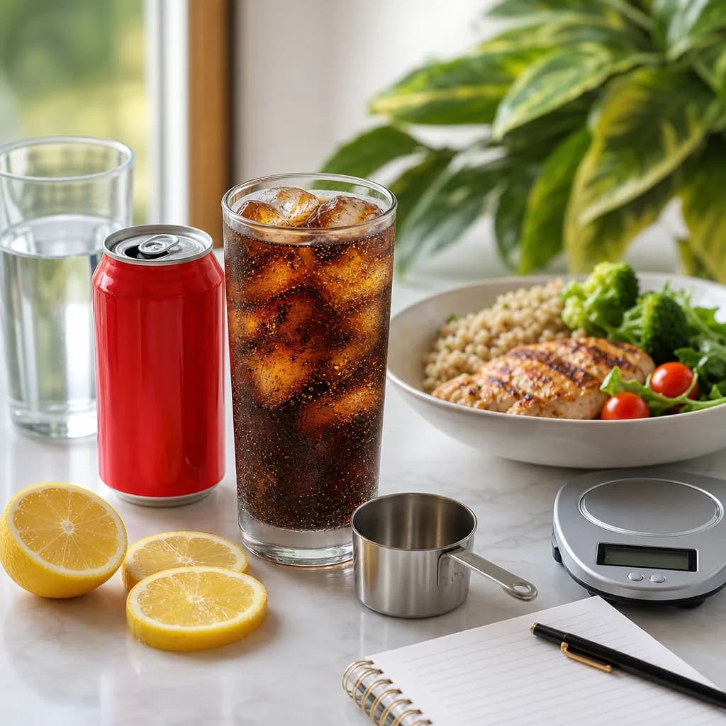 Стакан Coca-Cola рядом с банкой, льдом и инструментами для подсчета питания на кухонном столе