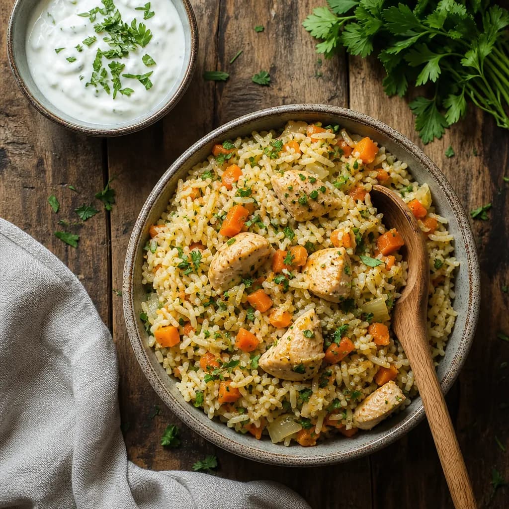 Глубокая тарелка плова с курицей, рисом, овощами и зеленью на деревянном столе