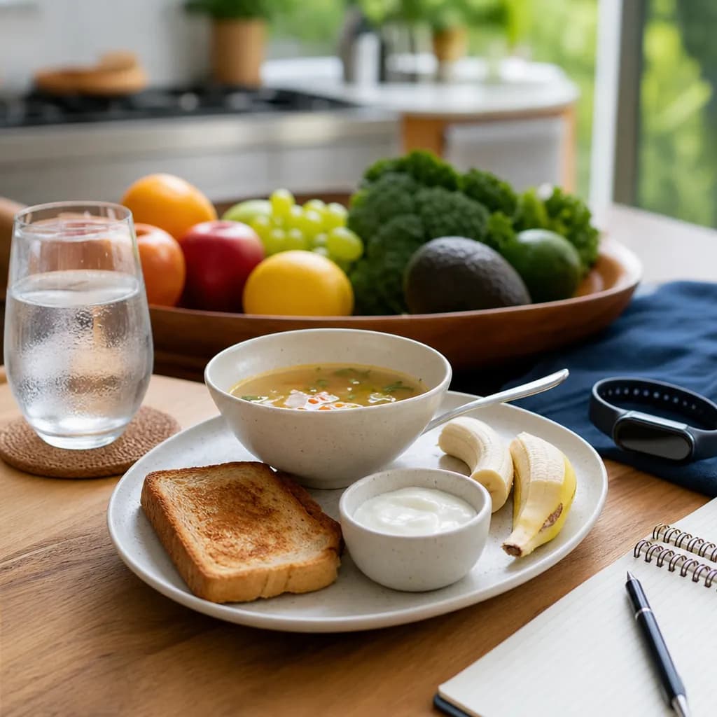 Healthy meal and water setup illustrating dehydration loss of appetite and hydration support