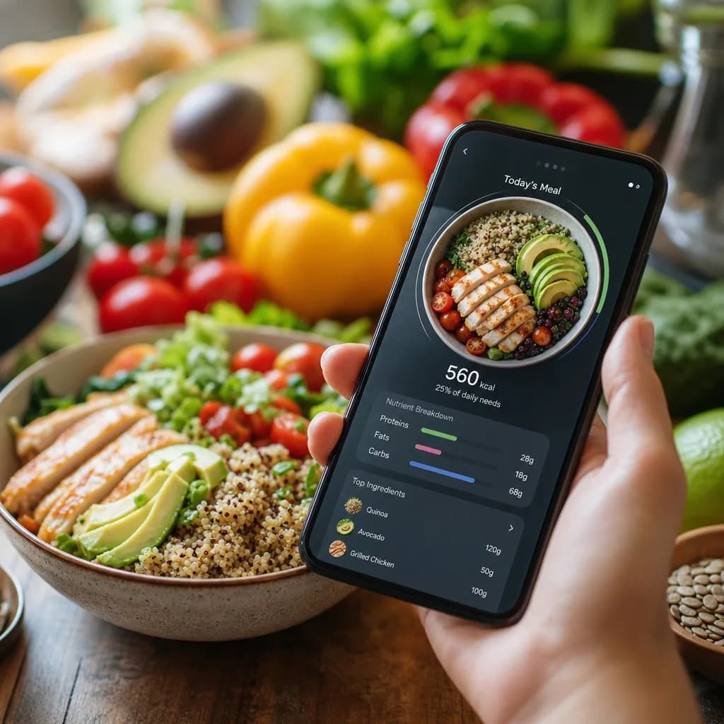 AI calorie counting app interface on smartphone with healthy foods