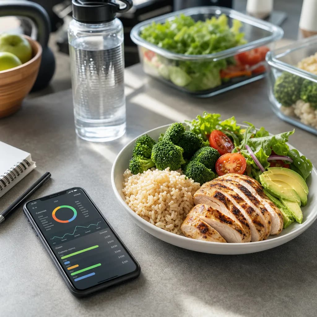 Smartphone calorie tracking app next to a healthy meal with grilled chicken, rice, vegetables, and avocado