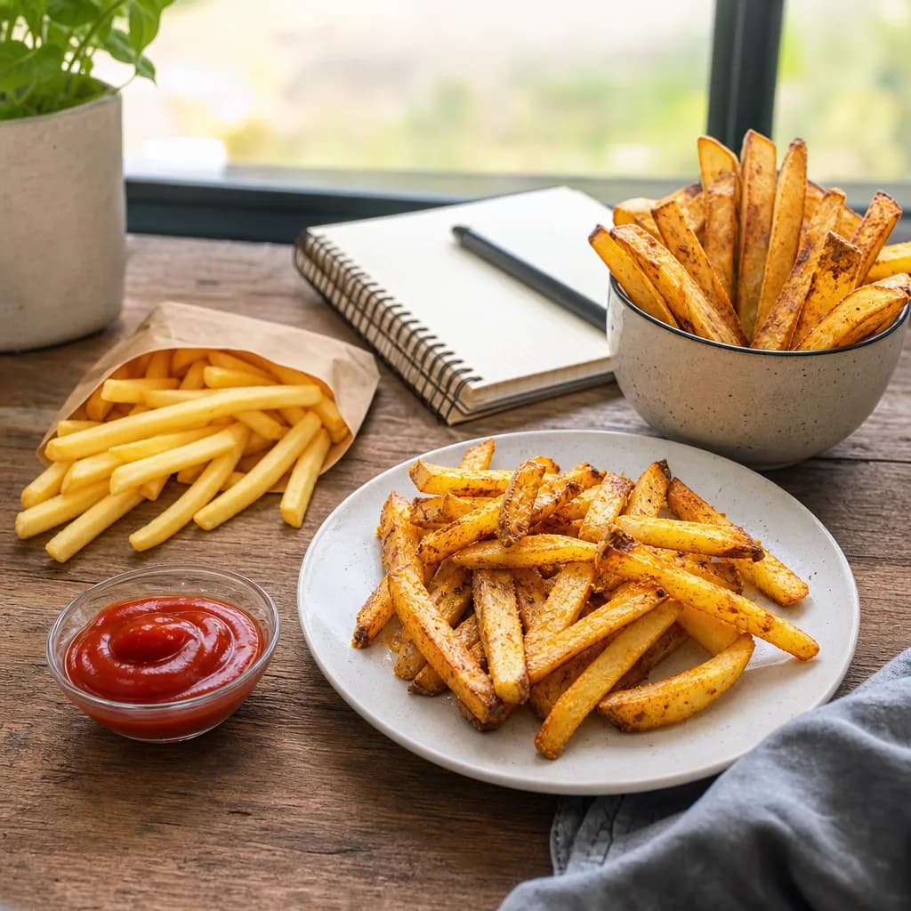 Diferentes porções e métodos de preparo de batatas fritas com contexto de comparação de calorias