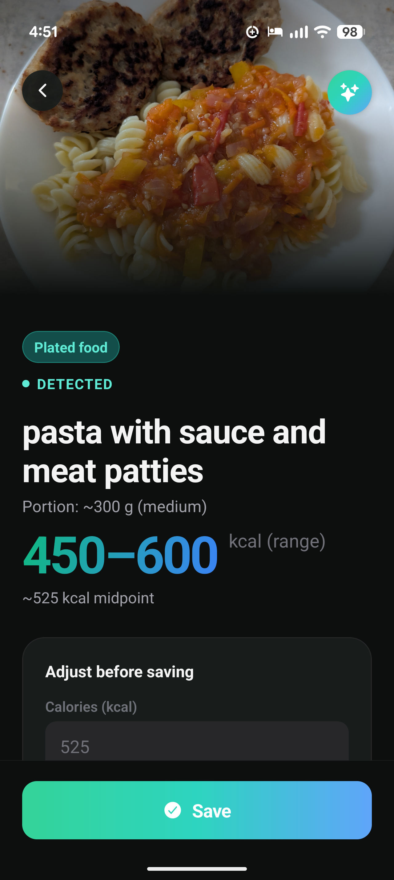 Camera view with detected plate and calorie estimate overlay