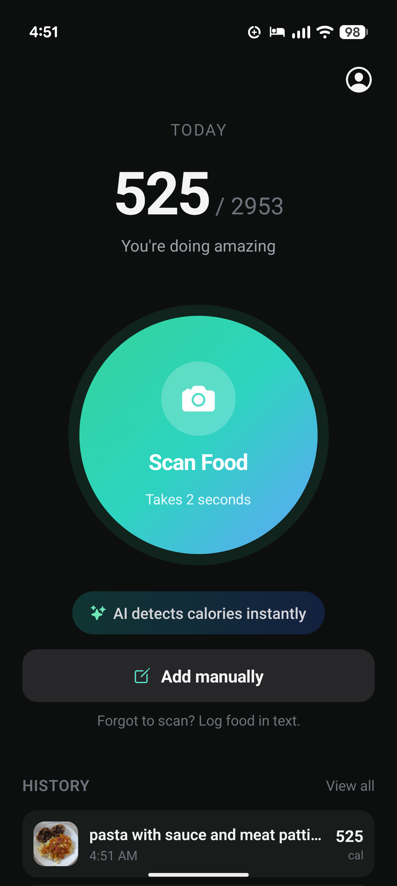 Cal AI home screen showing daily calories and scan action
